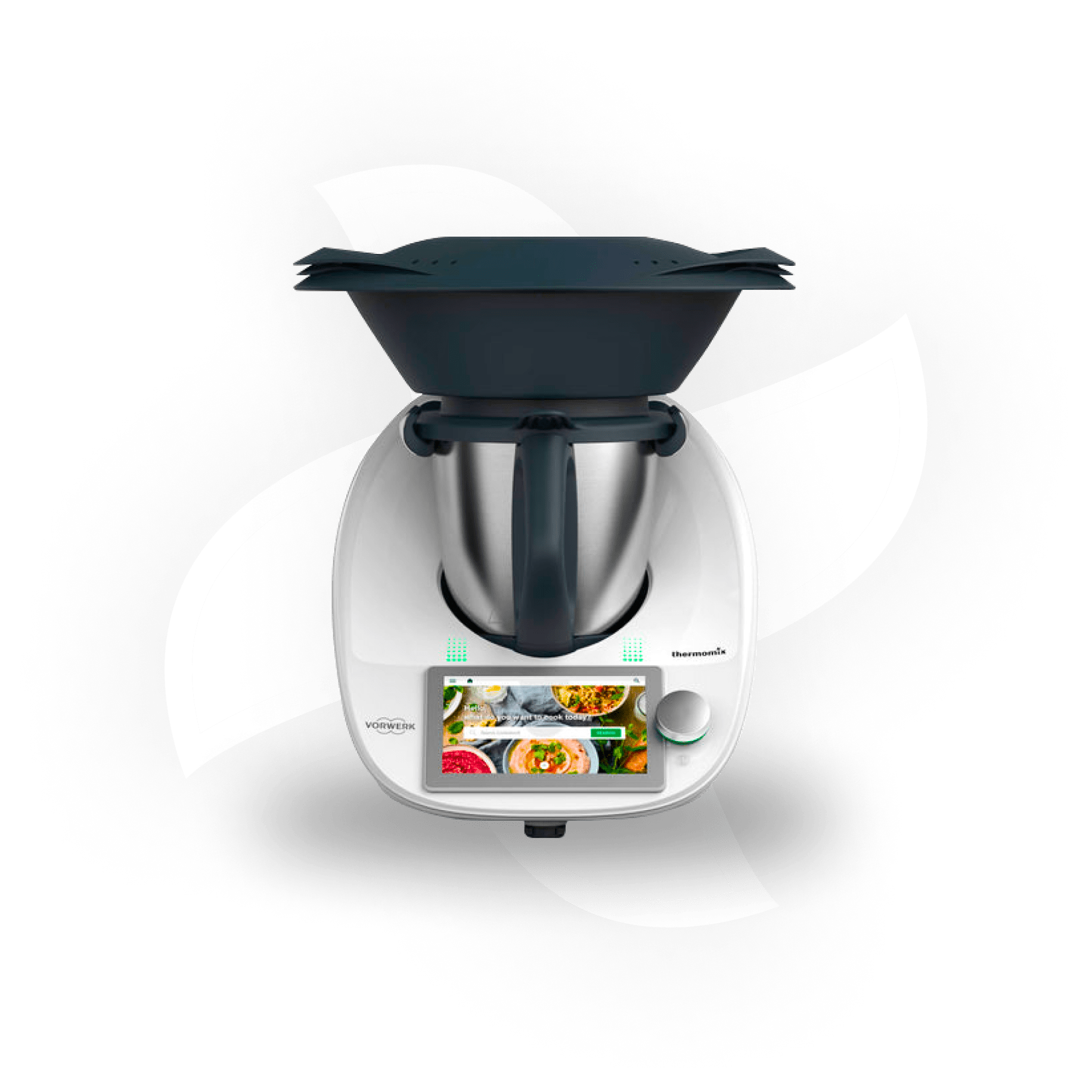 Thermomix TM6 with a blade image in the background